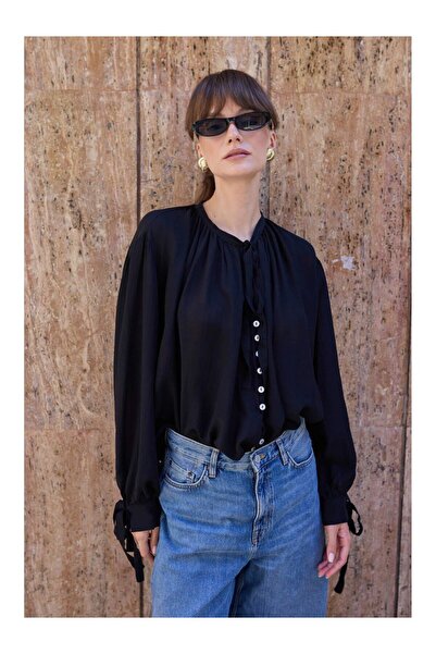 Coral Yakası Tie-Detail Shirt 4988 Black
