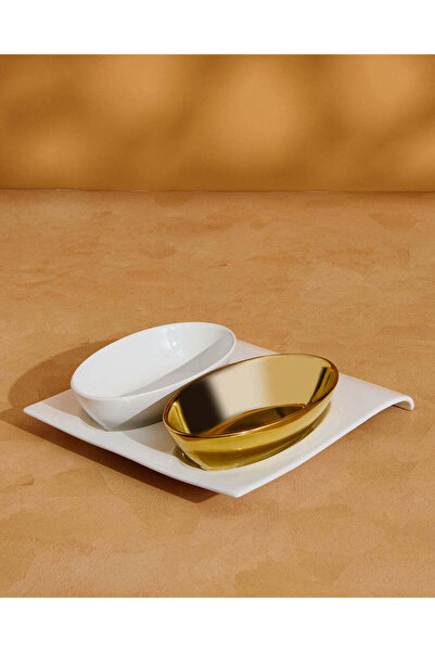 REDTAG طقم أطباق مقبلات مربعة مع صينية سيراميك بيضاء ووعاء مزخرف بالذهب (3 قطع)