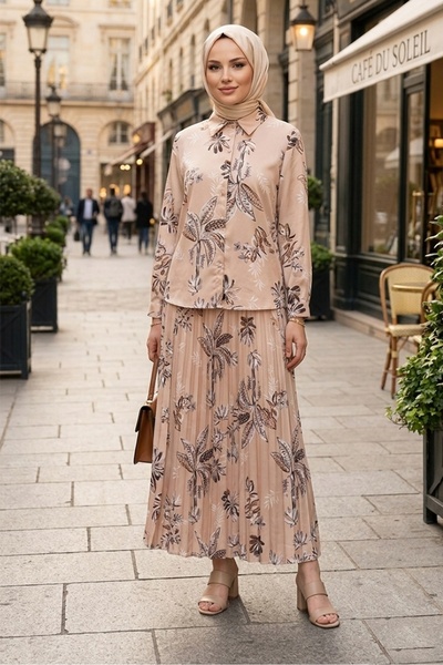 Bestenur Pleated Skirt Satin Double Set 1693