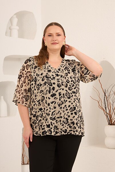 RMG Bluză din șifon leopard, mărime mare A cu căptușeală