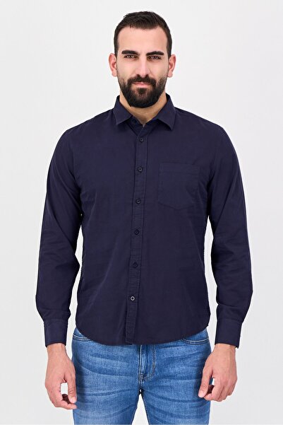 Aeropostale Men Regular Fit Long Sleeve Plain Casual Shirt, Navy Blue