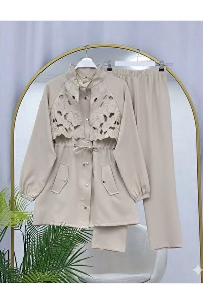 modasindoma طقم نسائي مكون من قطعتين قص بالليزر باللون البيج