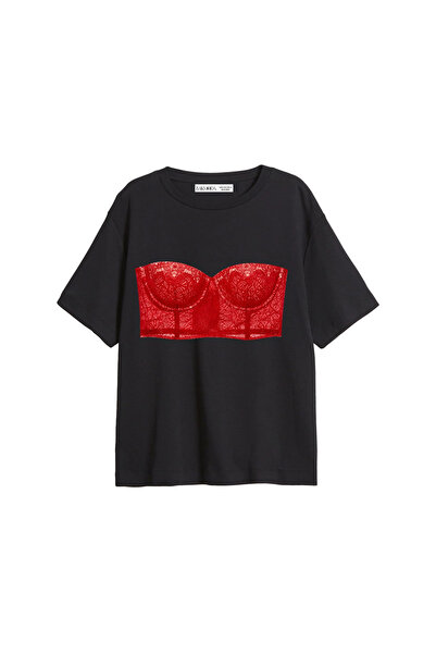 Bak Moda Lace Red Printed Relaxed Fit Black Women's Tshirt