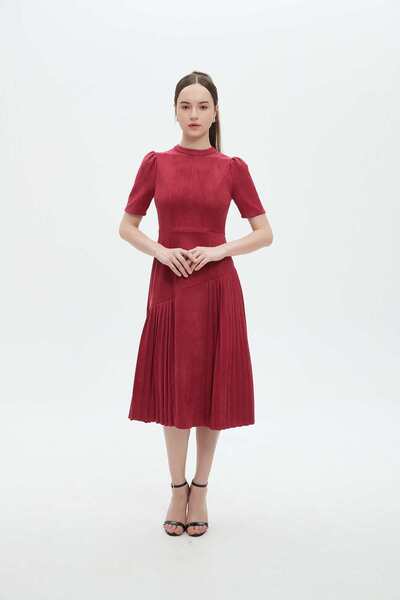 mica Short-sleeve plain pleated midi dress with bottom ruffles
