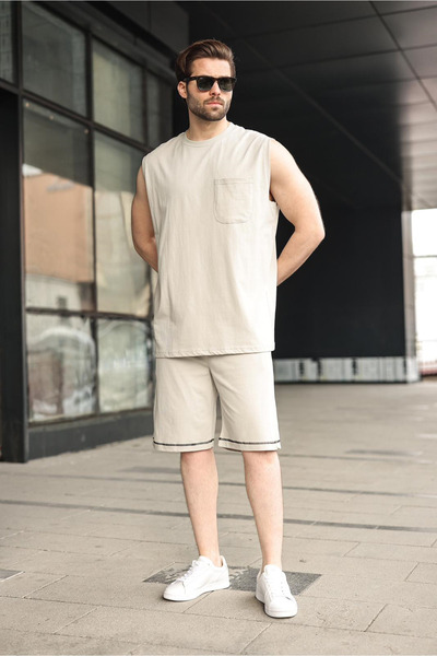 Madmext Painted Gray Crew Neck Sleeveless Men's Shorts T-Shirt Set E7351