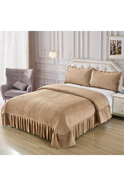 Truva Home Velvet Double Bedspread with Ruffled , 220x240 cm + 2 Pillow 50x70 cm