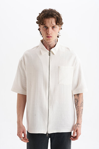 NOHOW Linen Blended, Comfortable Fit, Drop Shoulder, Men's Zipper Closure Pla...