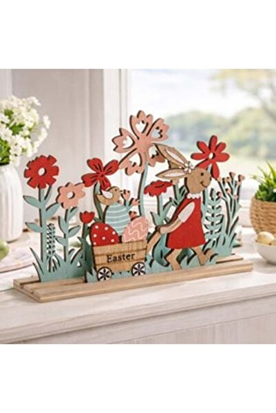 SHOPIENS Iepure decorativ din lemn cu ouă de morcov și flori 20 x 4 x 14 cm