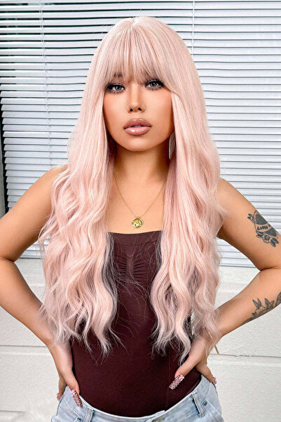 WildFashion Long wavy pastel pink wig with straight bangs - Elegant look, PER...