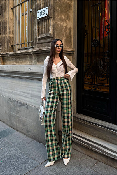 Fav Style بنطلون نسائي عالي الخصر بجيوب قماش منقش منقوش أخضر