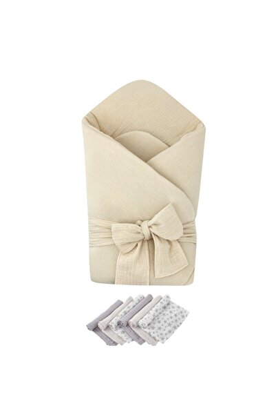 Qmini Beige swaddle blanket, Qmini, double muslin and 6 diapers 35x35 cm
