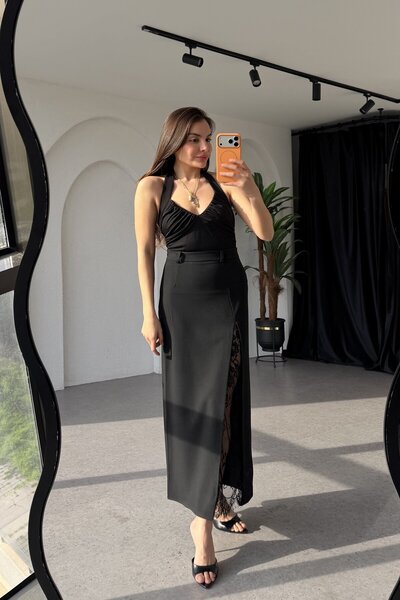 Gizem Ecemiş Μαύρη δαντελένια μάξι φούστα με σχισμή και κορδέλα