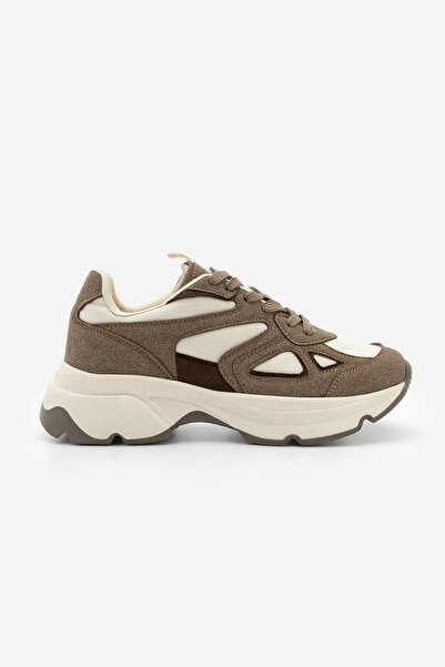Marjin Kadın Sneaker Yüksek Kalın Taban Çok Parçalı Bağcıklı Spor Ayakkabı Vader Vizon Süet