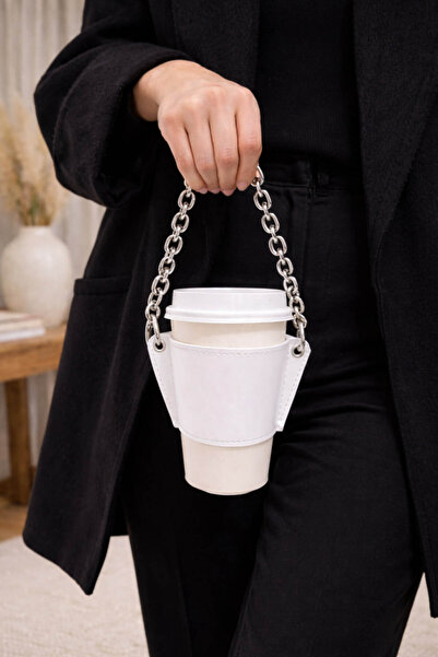 Anadolu Saray White Leather Silver Chain Coffee Cup Holder – Cold Beverage Ca...