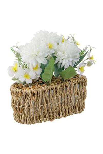 SHOPIENS Ghiveci decorativ din rafie cu flori albe 18 x 8 x 21 cm