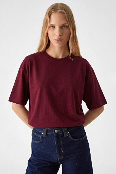 COMBİNE MİCHAİL Kadın Bisiklet Yaka Bordo Oversize Tişört