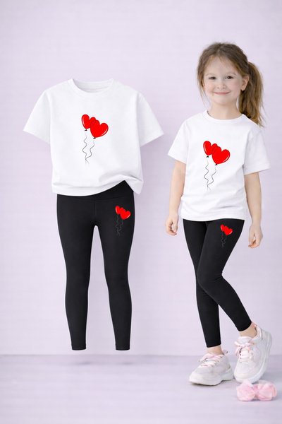 VODEXA طقم تي شيرت وبنطلون ضيق للفتيات مرن قطعة 100% قطن بطبعة HEART BALLOON ...