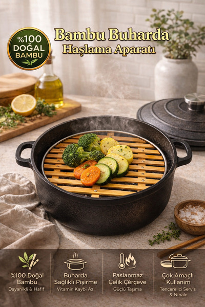 DİVAYS 30 cm Natural Bamboo Steaming Apparatus, Steaming Basket in the Pot, H...