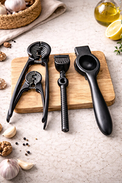 DİVAYS 4-Piece Black Metal Lemon Squeezer Garlic Crusher Walnut and Hazelnut ...