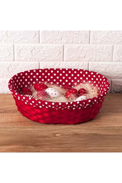 SHOPIENS Decorative Oval Bamboo Basket Red Fabric with Dots 37 x 27 x 10 cm