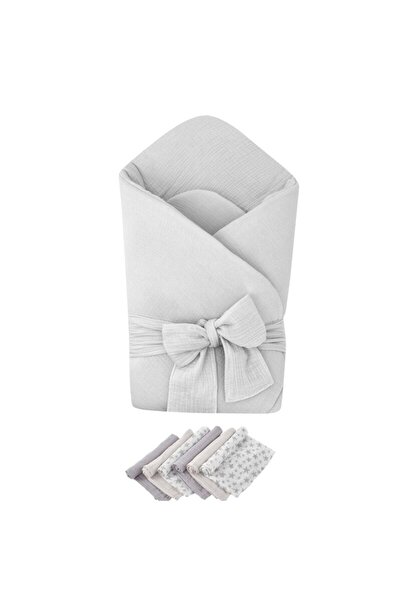 Qmini Grey swaddle blanket, Qmini, double muslin and 6 diapers 35x35 cm package