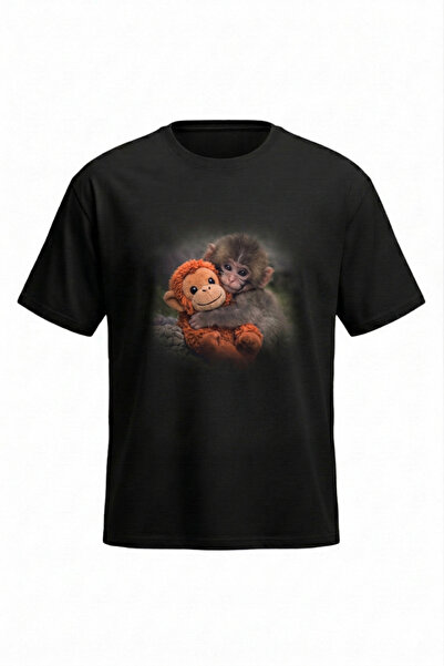 DASH WEAR Minik Maymun Punch T-Shirt - Siyah Baskılı Oversize Bisiklet Yaka K...