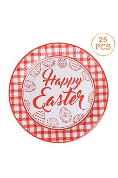 SHOPIENS Easter Party Plates with Red and White Checkered Pattern "Happy East...