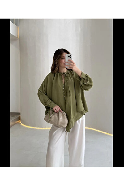 My Blog Khaki Tie-Dye Detailed Drapey Shirt - 4988