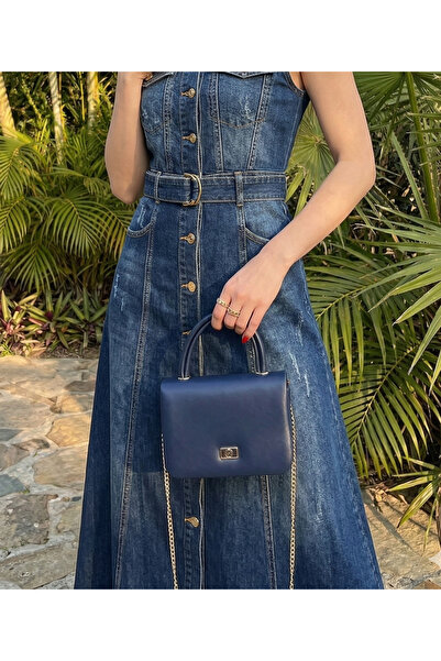 Çanta Trend Women's Navy Blue Mini Box Handbag with Side Cross Strap and Hand...