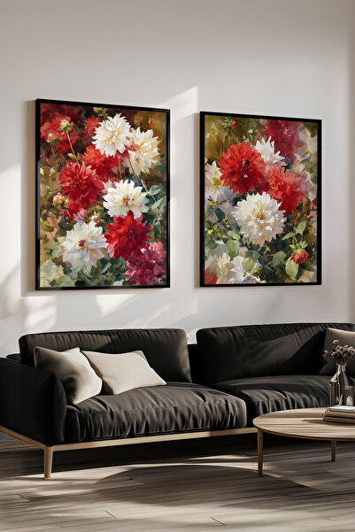 STARYUNA Black Wooden Framed Red and White Flower Bouquet Double Painting Set...