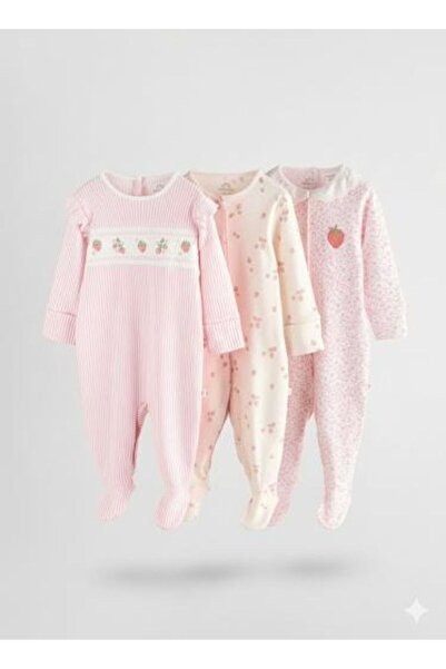 Next Baby Cotton Piece Strawberry Patterned 3-Piece Jumpsuit Set