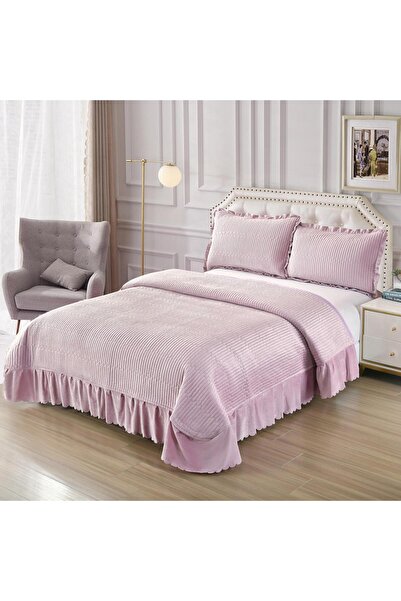 Truva Home Velvet Double Bedspread with Ruffled , 220x240 cm + 2 Pillow 50x70 cm