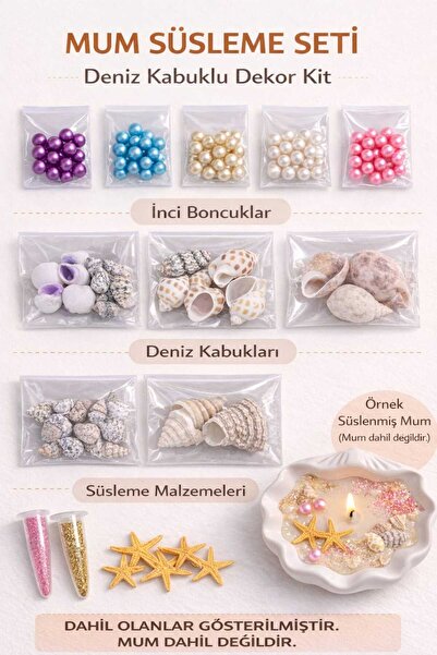 Hobicini Deniz Kabuklu Mum Süsleme Seti 13 Parça İnci Boncuklu Mum Dekorasyon...