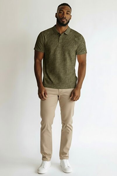 KAMER Men's Modern Fit Shirt Collar Tek Pocketed D Patterned Green T-Shirt 5059Y