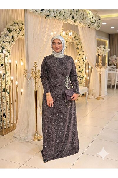 Butik büyük beden Kendinden Simli Önü Taşlı Lüks Abiye