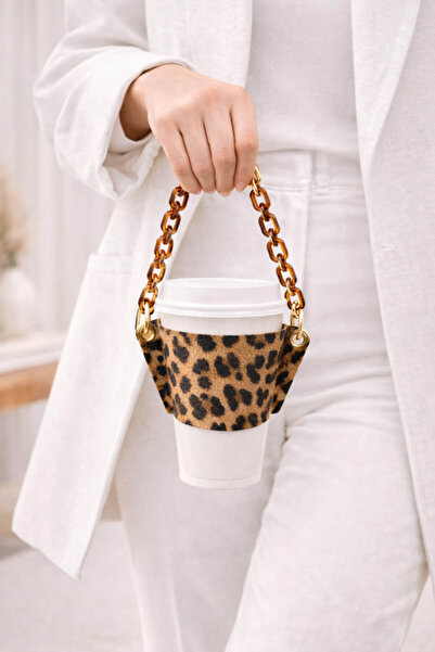 Anadolu Saray Leopard Printed in Leather Coffee Cup Holder – Cold Beverage Ca...