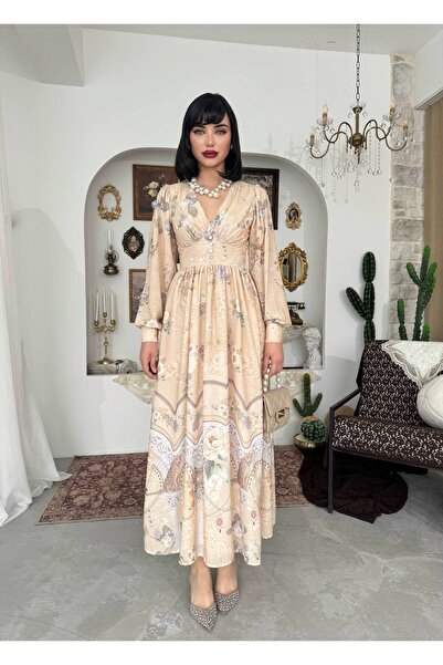 Miss Beyoğlu Women's Floral Print Roven Long Dress