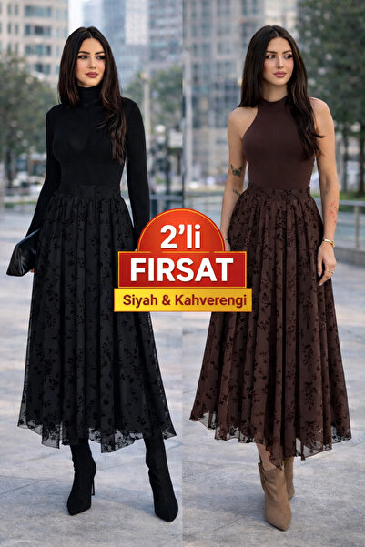 DeChival 2-Piece-Flok D Patterned t Tulle Skirt Inside Skirt as Lined Ik Wome...