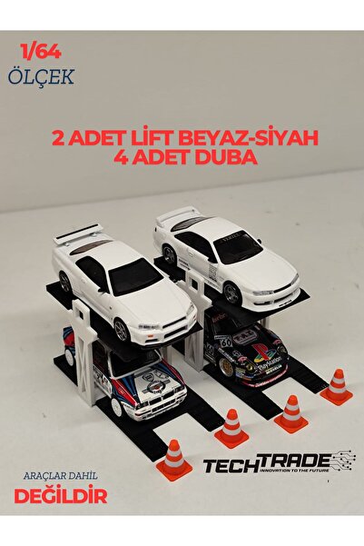Tech Trade 1/64 Scale Diorama 2 Vehicle Lift 2 Units White-Black + 4 Units Po...