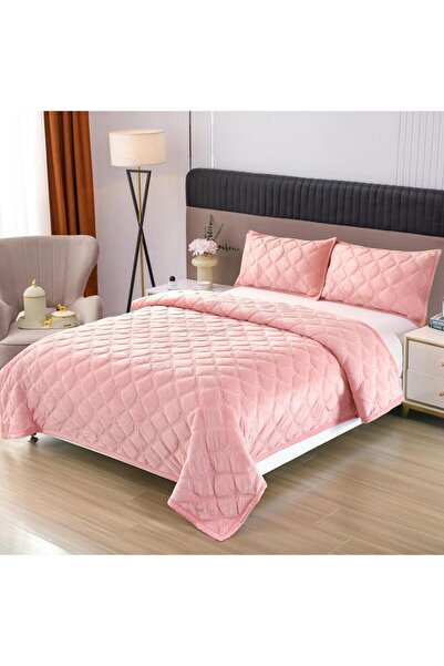 Truva Home Velvet Bedspread with Ruffled 220x240 cm + 2 Pillow 50x70 cm