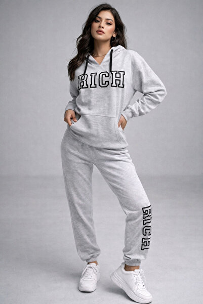 Rich Women's Gray Melange 100% Cotton Printed Tracksuit Set