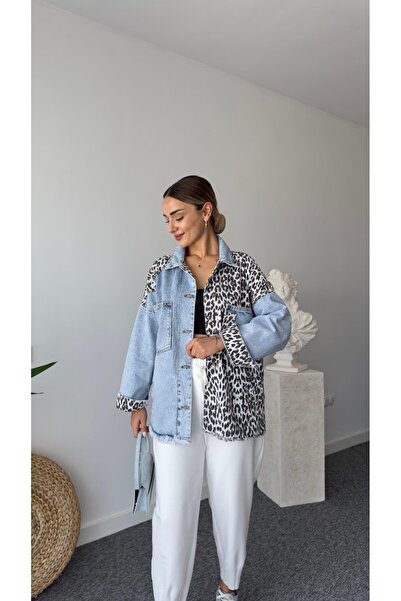 QİMYA BUTİK Veto Women's Leopard Patchwork Skirt Tassel Jean Shirt Jacket