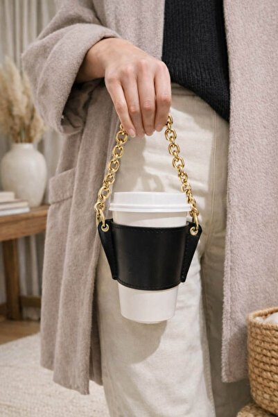 Anadolu Saray Black Leather Gold Chain Coffee Cup Holder – Cold Beverage Carr...