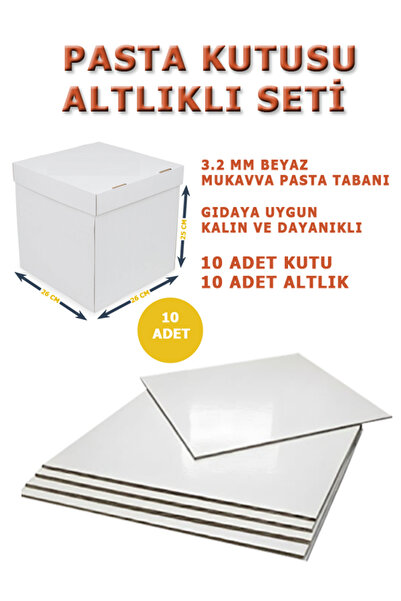 kutucum 26 X 26 X 25 PASTA KUTUSU VE ALTLIK SETİ 10 ADET BEYAZ OLUKLU MUKAVVA