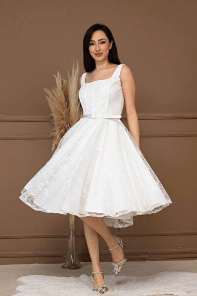 BEYBOS Lace Sequin Fabric Midi Dress with Underwire Detail - White