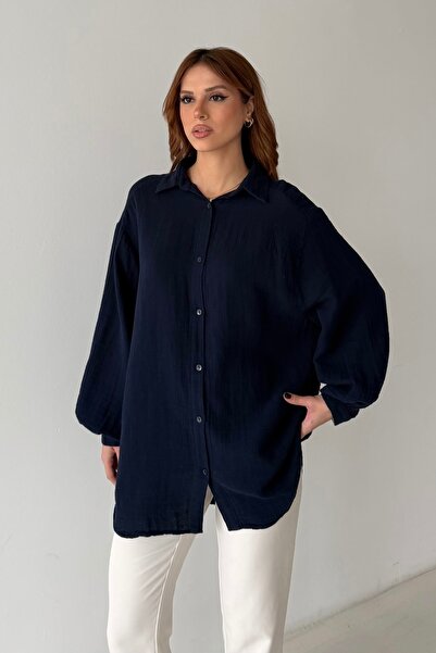 BEJNA Women's Oversized Balloon Sleeve Basic Muslin Shirt