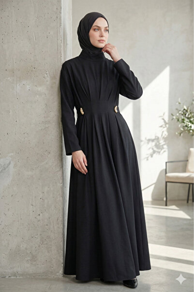 Kirazgym Women's Mock Neck Pleated Hijab Dress Yan Gold Buckle Detail , Styli...