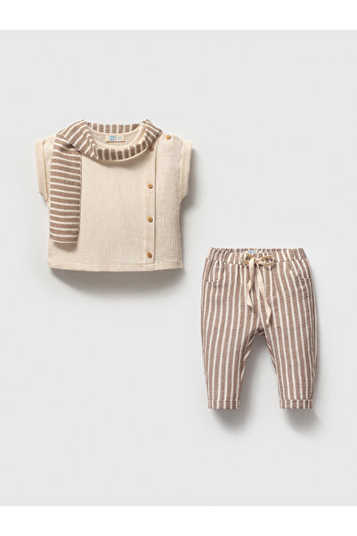 NoyNoy Baby Müslin Kumaş Çizgili Bebek Alt Üst Takım - Fularlı Kolsuz Gömlek ...
