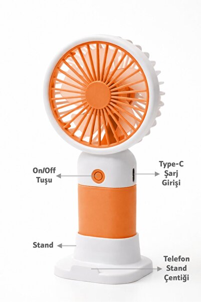 Telvesse Standlı 3 MOD Şarjlı El Fanı 3 Kademe Seyahat Masaüstü Vantilatör Taşınabilir Mini Fan Turuncu F139