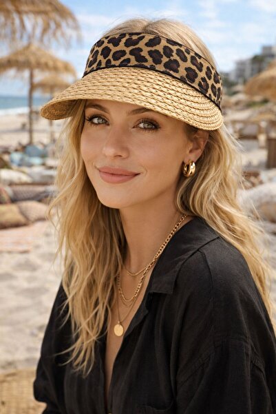 FELLMENS Camel Leopard Detailed Straw Visor Tenisci Women's Hat